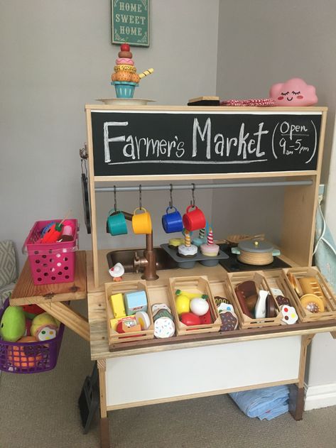 Ikea Play Kitchen Farmers Market, Ikea Kitchen Hack Kids, Ikea Kids Kitchen Hack, Diy Ikea Kitchen, Ikea Play Kitchen Hack, Ikea Kids Kitchen, Ikea Hack Kids, Diy Kids Kitchen, Ikea Toys