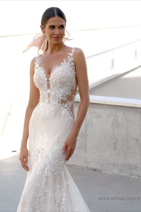 Morwenna Wedding Dress | Dea Collection 2024 | Brilanta by Anna Sposa Group. Stunning fitted dress with floral appliqués. Elegant lace wedding dress with a long train. Wedding 2024 #wedding #weddingdress #bridetobe #bride #weddinginspiration #annasposagroup #brilanta Elegant Lace Wedding Dress, Buy Wedding Dress, Wedding 2024, 2024 Wedding, Long Train, Lace Wedding Dress, Famous Brands, Fitted Dress, New Collection