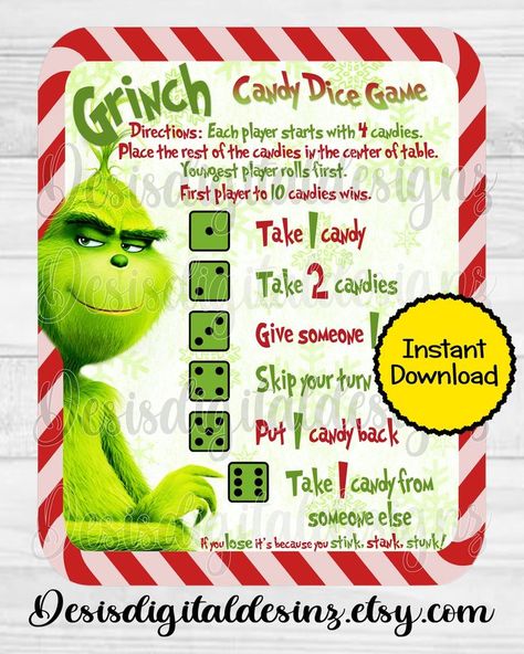 Christmas Gift Exchange Dice Game, Gift Exchange Dice Game, Candy Dice Game, Gift Exchange Dice, Christmas Gift Games, Christmas Party Activities, Grinch Christmas Party, Fun Christmas Party Games, Christmas Movie Night