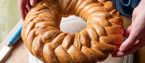 Paul Hollywood’s Seven-strand Plaited Wreath - The Great British Bake Off 7 Strand Plait Bread, The Great British Bake Off Recipes, Bread Wreath Braided, Braided Bread Wreath, Plaited Bread, Paul Hollywood Bread Recipes, Plait Bread, Paul Hollywood Bread, Gbbo Recipes