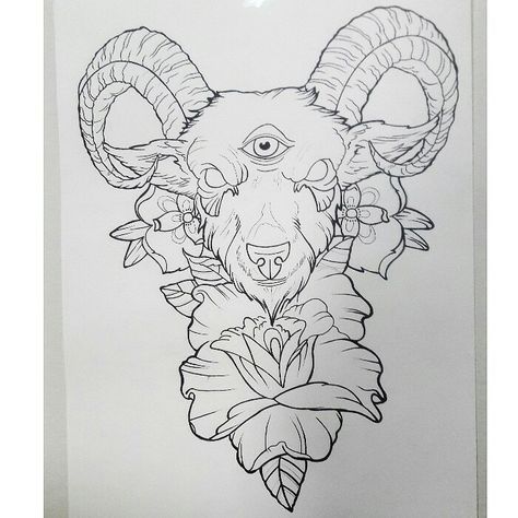 Baphomet Skull Tattoo, Goat Tattoo Stencil, Ram Skull Drawing, Goat Tattoo, Camping Tattoo, Ram Tattoo, Wiccan Tattoos, Tattoo Apprenticeship, Demon Tattoo