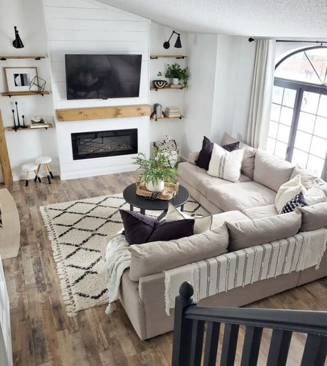 Floating Shelves Fireplace, Beige Sectional Living Room, Shelves Fireplace, Bloom House, Small Living Room Layout, Living Room Update, Modern Farmhouse Living Room, Living Room Remodel, Livingroom Layout