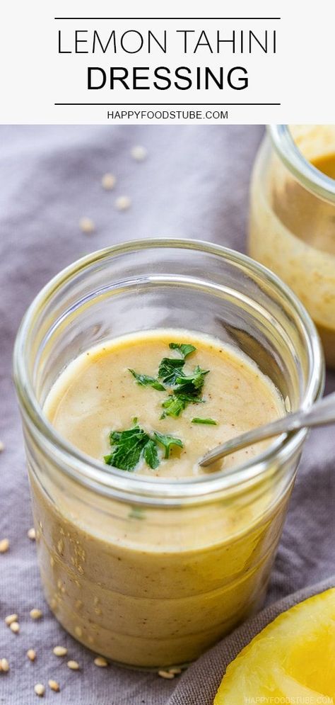 This lemon tahini dressing is nut-free, dairy-free and naturally gluten free and vegan. Pour it over your favorite salad, meat, potatoes or anything you like. #happyfoodstube #tahini #dressing Homemade Tahini Dressing, Lemon Tahini Dressing Recipe, Lemon Honey Tahini Dressing, Lemon Honey Tahini, Tahini Salad Dressing, Roasted Beet Hummus, Tahini Dressing Recipe, Homemade Tahini, Lemon Tahini Dressing