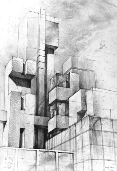 3 Points Perspective, Perspective Composition, Architecture Sketches, Geometric Architecture, Architecture Sketchbook, Architectural Sketches, Architecture Design Drawing, Academic Art, Architecture Concept Drawings