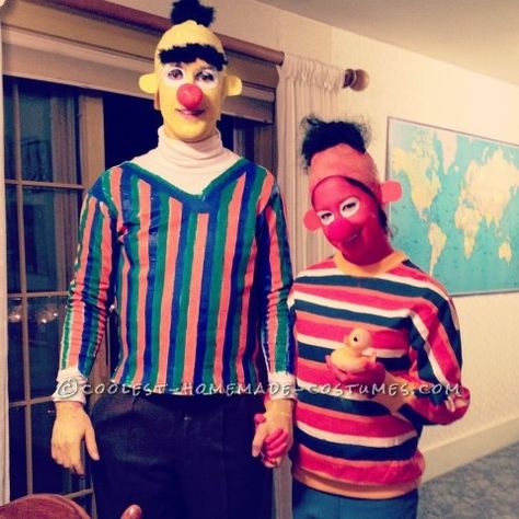 My girlfriend and I had one heck of a time figuring out what to be for Halloween this year. We both love Halloween. I wanted to do my own thing, she Ernie Costume, Bert And Ernie Costume, Donut Halloween Costume, What To Be For Halloween, Ernie Und Bert, Halloween Diy Kids, Pineapple Costume, Hotdog Costume, Bert And Ernie