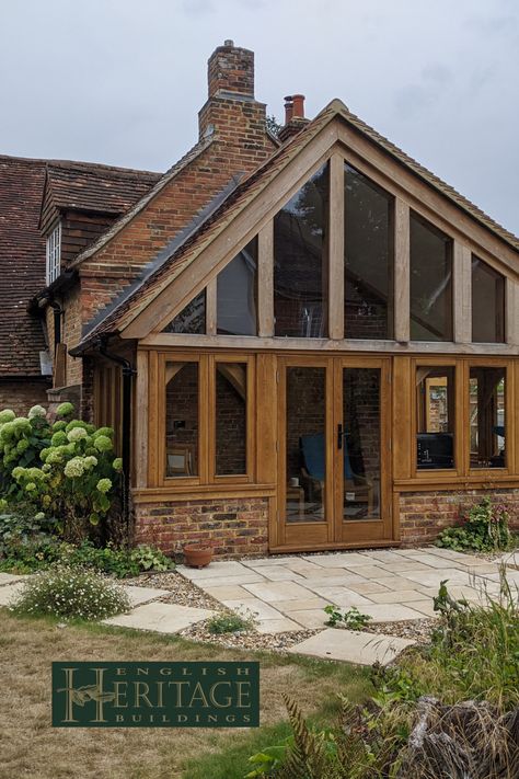 Oak Frame Home Extension Oak Frame House Interiors, Old House Extension, Oak Framed Extensions, Home Extensions, Oak Frame House, Home Extension, Modern Family Home, Riverside House, Modern Extension