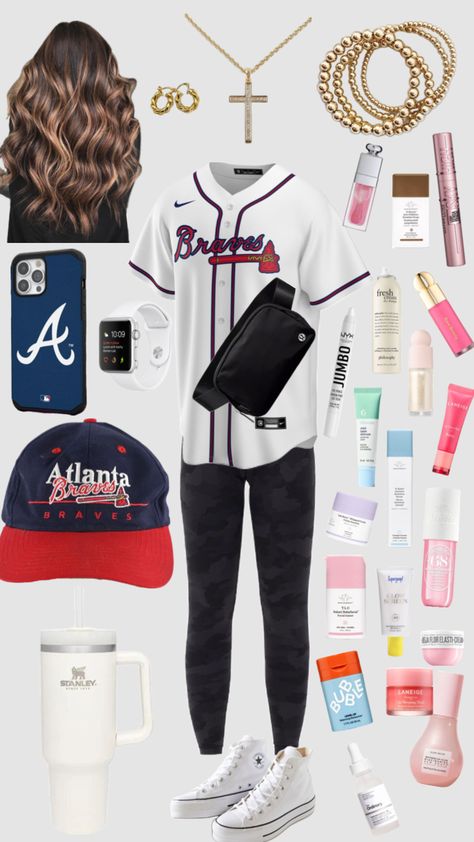 #baseballfit#braves #bravesgametime Atlanta Braves Outfit, Braves Game Outfit, Hiphop Outfit, Softball Bags, Braves Game, Lilly Pulitzer Outfits, Softball Stuff, Teen Trends, Game Outfit