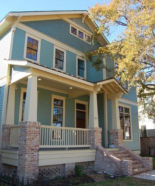 Light blue siding, cream/white trim, no shutters, wooden door Blue Craftsman Exterior, Brick Curb Appeal, Craftsman Exteriors, Blue Craftsman, Turret House, Rustic Exterior Doors, Light Blue Houses, Blinds For French Doors, Colors With Red Brick