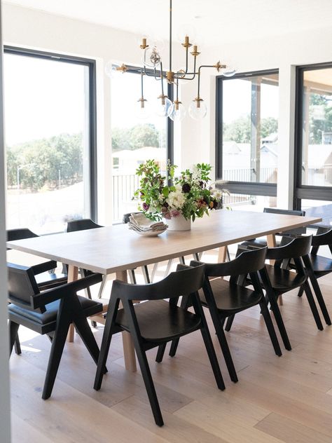 Rental Upgrades, White Oak Dining Table, White Oak Table, Light And Dwell, Black Chairs, Dining Room Inspo, White Dining Room, Black Dining Chairs, Black Dining