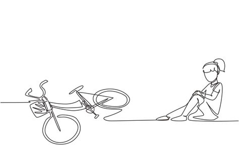 Single one line drawing little girl hurt fallen off the bicycle. Broken bicycle. Kids fallen from bike unhappy children. Bike accident. Modern continuous line draw design graphic vector illustration Bike Accident, Kids Falling, Bike Drawing, Girls On Bike, Autumn Illustration, Continuous Line Drawing, One Line Drawing, Bike Path, Continuous Line