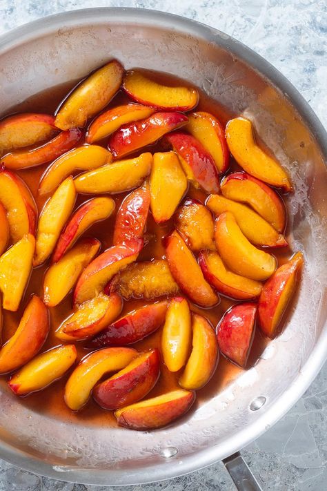 These Caramelized Peaches are simmered with maple syrup, butter, and lots of vanilla. They're delicious with ice cream, oatmeal, pancakes, waffles, or any summer dessert. Both kids and adults love them! Sauteed Peaches, Sautéed Peaches, Maple Syrup Breakfast Recipes, Peach Syrup For Pancakes, Peach Pancake Topping, Peach Pancakes, Peach Oatmeal, Caramelized Peaches, Peach Syrup