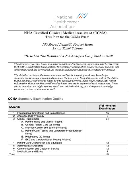 NHA_CCMA_Test_Plan_2022 (New Exam).pdf Ccma Exam Test Prep, Certified Clinical Medical Assistant, Job Analysis, Test Plan, Exam Time, Test Results, Medical Assistant, Body Pain, Test Prep