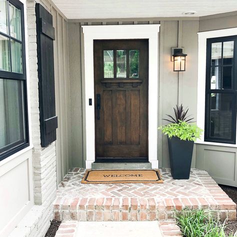 Porch Elevation, Stoop Decor, Front Porch Refresh, Mindfully Gray, Layered Rug, Porch Refresh, Front Stoop, Diy Outdoor Decor, Front House Landscaping