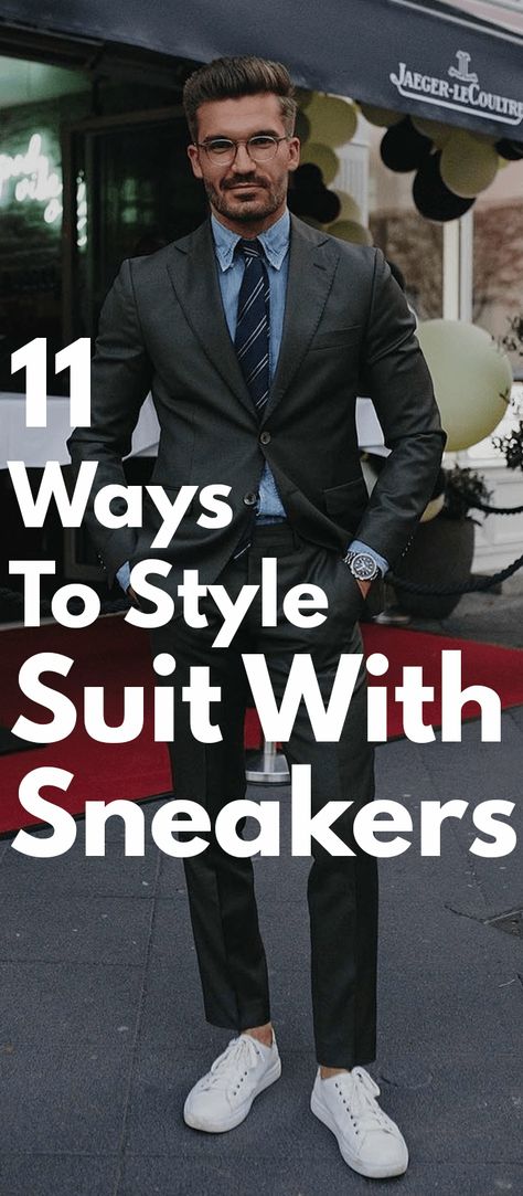 11 Suit With Sneakers Ideas That Can Never Go Wrong Dress Clothes With Sneakers Men, Business Casual Sneakers Outfit Men, Black Suit With Tennis Shoes Men, Tennis Shoes With Suit Men, Tuxedo With Sneakers Mens Fashion, Suit And Trainers Menswear, Shoes With Suits Men, Suit Vests Men, Prom Shoes Guys