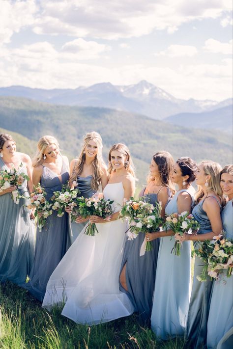 Mountain Wedding Party Colors, Summer Mountain Wedding Bridesmaid Dresses, Outdoor Summer Wedding Bridesmaid Dresses, Bridesmaid Dresses Mountain Wedding, Summer Mountain Wedding Dress, Mountain Wedding Bridal Party, Summer Mountain Wedding Color Palette, Mountain Wedding Bridesmaid Dresses, Mountain Bridesmaid Dresses