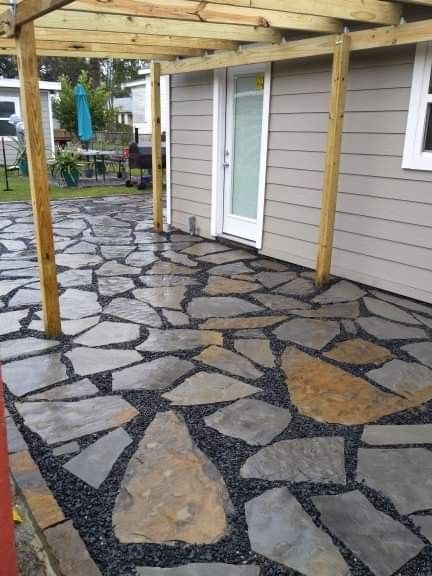 Flag Stone Patio Ideas, Flagstone Patio Ideas On A Budget, Flagstone Patio With Pergola, Fieldstone Patio, Flag Stone Patio, Flagstone Landscaping, Flagstone Side Yard, Circular Flagstone Patio, Flagstone Backyard