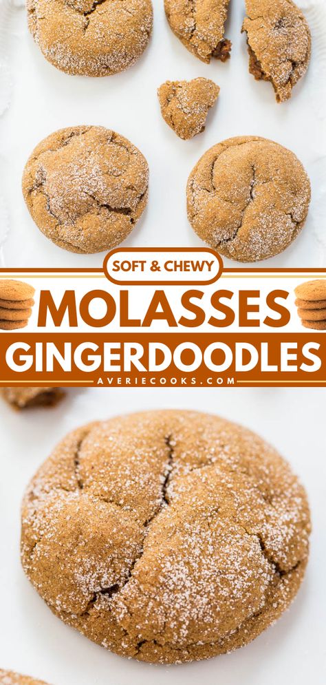 Soft & Chewy Molasses Gingerdoodles — These soft molasses cookies taste like a cross between chewy gingerbread cookies and crinkly snickerdoodles. An unbeatable holiday cookie recipe! Easy Molasses Cookies, Snickerdoodle Cookies Recipe, Soft Molasses Cookies, Molasses Recipes, Chewy Molasses Cookies, Molasses Cookies Recipe, Chewy Gingerbread Cookies, Christmas Recipes Easy, Ginger Molasses Cookies