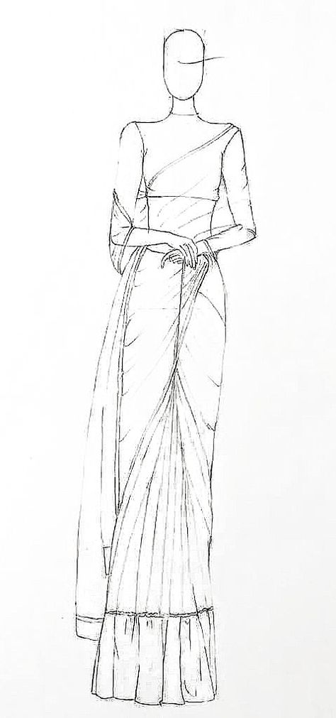 Saree Outline Sketch, How To Draw Saree Sketch, Figer Drawing Women, Saree Flat Sketch, Saree Drawing Illustration, Saree Illustration Fashion Sketch, Saree Sketches Fashion Illustration, Fashion Illustration Template Women, Saree Drawing Sketches