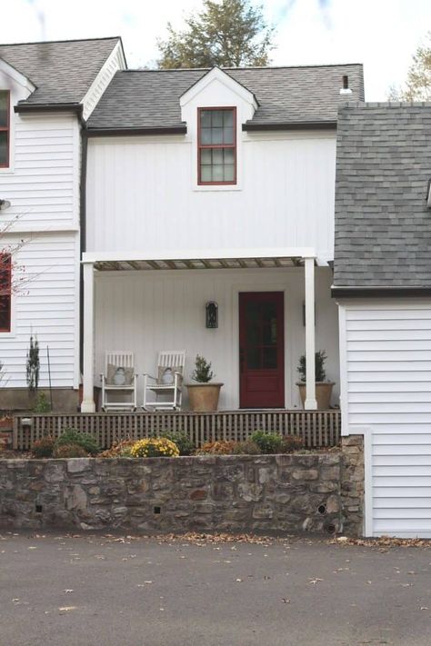 White Farmhouse with Red Windows (#1 Tip for How to Make Vinyl Siding Look Better) - Lehman Lane Front Door With Windows, Easy Curb Appeal, White Vinyl Siding, Front Porch Pergola, Red Windows, Porch Pergola, Pool Pergola, Fixer Upper Farmhouse, Add Curb Appeal