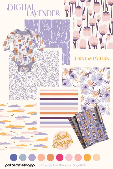 Moodboard of repeat patterns with motifs from nature, like flowers and clouds, as well as, hand-lettered and abstract patterns. The trend colour digital lavender has been used in each pattern. Other colours include apricot crush, pale pink, daisy white, purple and golden gobb yellow. Textile Design Portfolio, Surface Design Portfolio, Apricot Crush, Digital Lavender, Print Portfolio Design, Print Design Trends, Pattern Design Inspiration, Portfolio Design Layout, Fashion Design Portfolio