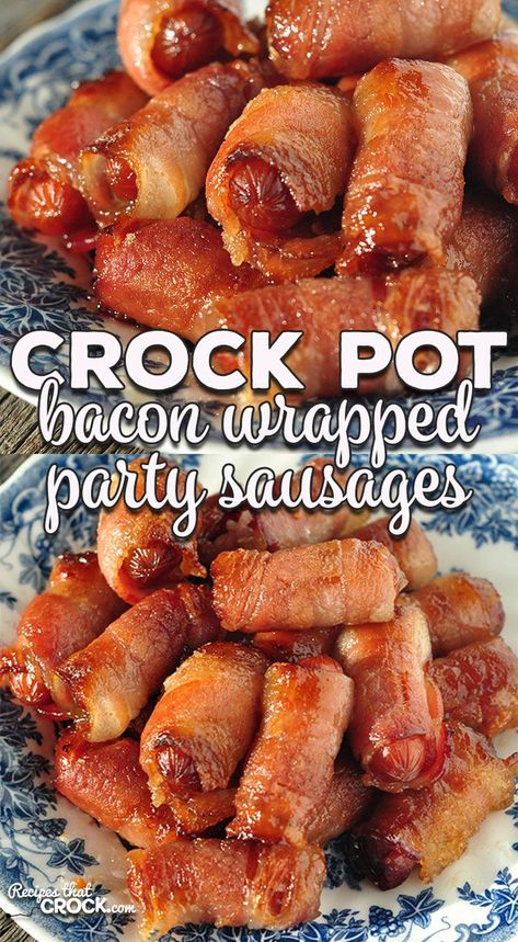 Whether you want the ultimate appetizer for a party or want a treat for yourself, you don't want to miss these Bacon Wrapped Crock Pot Party Sausages! Party Sausages, Bacon Wrapped Potatoes, Bacon Wrapped Sausages, Bacon Wrapped Chicken Bites, Appetizers Ideas, Sausage Crockpot, Cocktail Sausages, Clean Eating Salads, Clean Eating Chicken