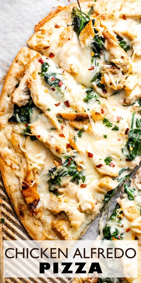 This perfect white pizza balances tender white meat chicken, vibrant and healthy spinach, and cheesy alfredo sauce for a meal the whole family will crave. Plus, this Chicken Alfredo Pizza is super simple and quick to make! Cheesy Alfredo Sauce, Alfredo Pizza Recipe, Chicken And Mozzarella, Chicken Alfredo Pizza, White Pizza Sauce, Pizza Oven Recipes, White Pizza Recipes, Alfredo Pizza, Spinach Pizza