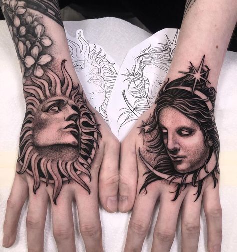 Sun & Moon hand tattoos by André V. Fantini, an artist based in Dublin, Ireland. Bw Tattoo, Back Of Hand Tattoos, Henna Tattoo Designs Arm, Henna Tattoo Hand, Henna Tattoo Designs Hand, Tattoo Magazine, Simple Henna Tattoo, Skeleton Hand Tattoo, Moon Tattoo Designs