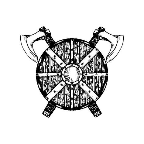 Viking Shield Tattoo, Nordic Shield, Bro Tattoos, Machado Viking, Viking Compass Tattoo, Escudo Viking, Viking Rune Tattoo, Shield Tattoo, Scandinavian Tattoo