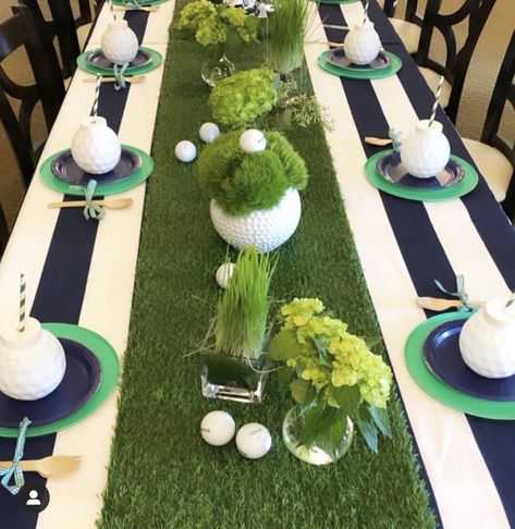 Hole In One Birthday Centerpieces, 40th Birthday Golf Party Ideas For Men, Golf Themed Dinner Party, Golf Party For Men, Golf Birthday Centerpieces, Charity Birthday Party Ideas, Elegant Golf Theme Party, Hole In One Table Decor, Golf Party Decorations Ideas