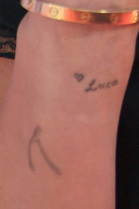 Hilary Duff - luca wrist tattoos Hilary Duff Tattoo, Luca Tattoo, Inner Arm Tattoo, Steal Her Style, Famous Names, Cursive Letters, Bette Davis, Wrist Tattoo, New Tattoo