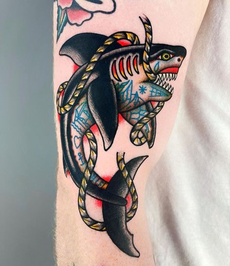 Small Shark Tattoo, Traditional Shark Tattoo, Bottle Tattoo, Tattoo Old School, Shark Tattoo, Traditional Tattoo Sleeve, Nautical Tattoo, Instagram London, Shark Tattoos