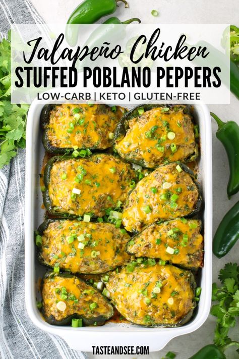 These Jalapeño Chicken Stuffed Poblano Peppers are a delicious and easy take on stuffed peppers – with a bit of a kick! Plus, they’re low carb and gluten free and ready in less than an hour. #TasteAndSee Pork Loin Roast Crock Pot, Chicken Stuffed Poblano Peppers, Chicken Stuffed Poblano, Low Fat Chicken Recipes, Poblano Peppers Recipes, Pot Roast Crock Pot Recipes, Jalapeno Recipes, Poblano Peppers, Jalapeno Chicken