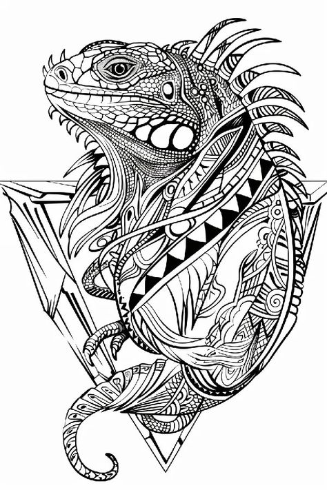 Tattoo idea: tattoo Iguana in triangle  black and 3 Mandala Lizard Tattoo, Iguana Tattoo Design, Mexican Lizard Tattoo, Cool Lizard Tattoo, Iguana Illustration, Iguana Tattoo, Symmetrical Tattoo, Triangle Tattoos, New Tattoo Designs