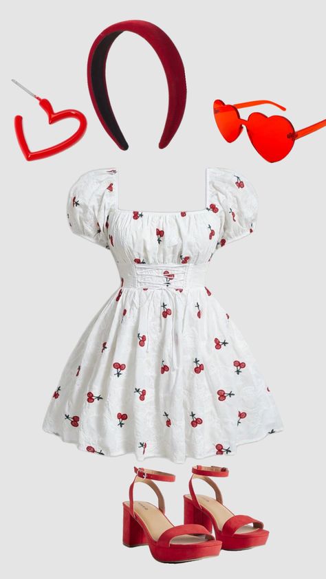 Cherry Outfits Ideas, Cherry Dress Aesthetic, Cherry Girl Outfit, Cherry Outfit Ideas, Cherry Clothing, Cherry Theme, Outfit Shuffles, Clothing Aesthetics, Indie Goth