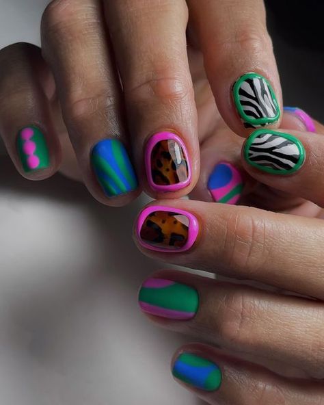 Lydiette Lopez on Instagram: "Loving this mani🐆💕 #gelnails #gelnailart #colorfulnails #funnails #funkynails #trendynails #nailartinspo #nailtrends2024" Trendy Nail Shapes, Eclectic Nails, End Of Summer Nails, Nail Ideas Trendy, Acrylic Inspiration, Retro Nails, Hard Nails, Diva Nails, Cute Colors