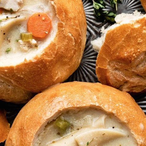 Sally McKenney on Instagram: "Homemade bread bowls! ✨❤️ Easier than you think, and a super multipurpose basic dough you can use for pizza dough, regular dinner rolls, or crusty bread loaves. 🍕🥫🥖 Fill with your favorite soup (this is my creamy chicken noodle, also a recipe on my site), stew, or a dip like crab dip, or spinach artichoke. And if you saw my stories yesterday, if the dough rises too much, apparently this recipe still works 🥴😂🤪 ⠀⠀⠀⠀⠀⠀⠀⠀⠀ Full tutorial, with video and printable r Homemade Bread Bowls, Creamy Chicken Noodle, Bread Loaves, Crab Dip, Bread Bowls, Spinach Artichoke, Crusty Bread, Chicken Noodle, Dinner Rolls