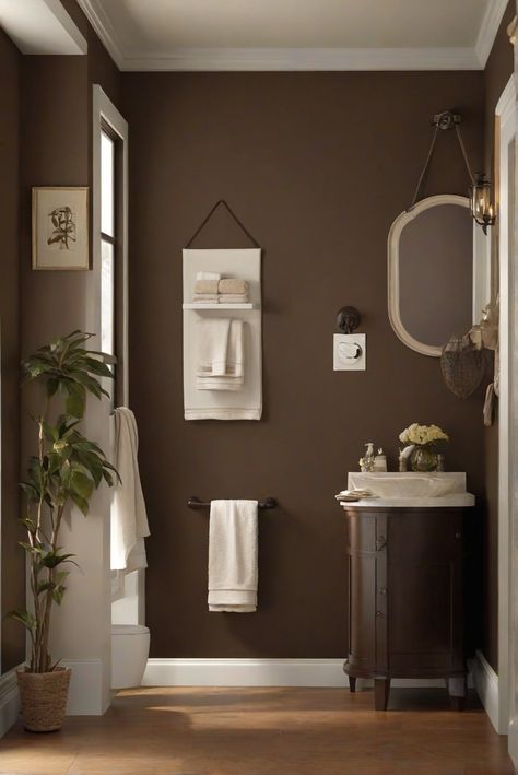 bathroom paint ideas,wall paint colors,interior wall paint,home paint ideas Dark Brown Painted Walls, Brown Walls Bathroom, Dark Brown Exterior House, Bathroom Dark Walls, Brown Exterior House, Dark Brown Bathroom Ideas, Paint For Bathroom Walls, Dark Brown Paint Colors, Chocolate Brown Bathroom