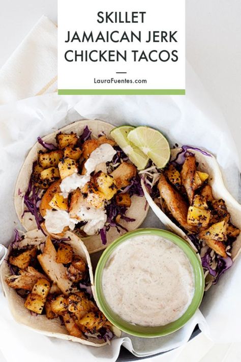 Skillet Jamaican Jerk chicken tacos with pineapple and a creamy sauce for an easy taco night recipe! #tacotuesday #chickentacos Jerk Chicken Tacos, Taco Night Recipes, Tacos With Pineapple, Easy Fish Tacos, Easy Taco Recipes, Jamaican Jerk Chicken, Jamaican Dishes, Chicken Taco Recipes, Jamaican Jerk