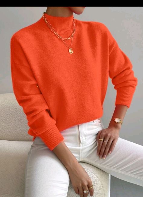 Outfits Quotes, Pull Rose, Orange Sweater, Pullover Outfit, Drop Shoulder Sweaters, Long Sleeve Knit Sweaters, Round Neck Sweaters, Loose Sweater, 가을 패션