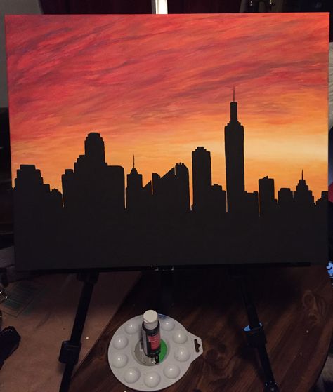 Painting Ideas On Canvas City, Skyline Sunset, Power Art, Paint Inspo, Skyline Painting, Small Canvas Paintings, Sunset City, City Painting, Abstract Art Painting Diy