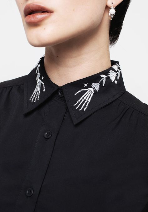 We love a midi dress - practical but stylish, and perfect for adding a little magick to your everyday wardrobe! Embroidery Collar, Sewing Collars, Black Skeleton, Tailored Jumpsuit, Black Weave, White Collared Shirt, Embroidered Collars, Skeleton Hand, Shirt Embroidery