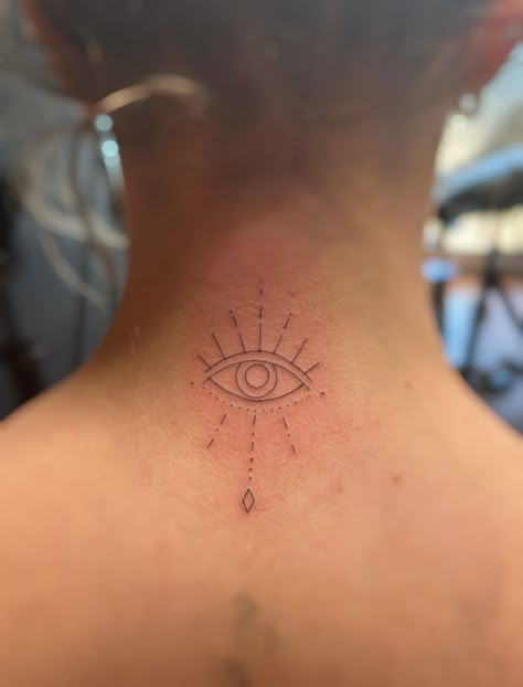 Eye Tattoo Behind Neck, Eye Tattoo On Back Of Neck, Behind Ear Tattoo Evil Eye, Evil Eye Tattoo Back Of Neck, Back Of Neck Eye Tattoo, Devil Eye Tattoo, Eye Tattoo Neck, Eye Neck Tattoo, 3rd Eye Tattoo