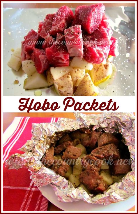 The Country Cook: Hobo Packets - Potatoes  Meat in one packet, quick  easy - gotta love that !!! Hillbilly Food, Camp Foods, Hobo Packets, Hobo Meals, Foil Recipes, Hobo Dinner, Foil Meals, Rv Cooking, Rv Style