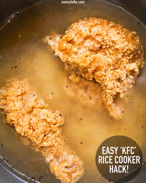 How to make Rice Cooker KFC Fried Chicken Rice - Nomadette Leftover Kfc Chicken Recipes, Leftover Fried Chicken Recipes, Kfc Rice, Fried Chicken Rice, Over Fried Chicken, Kfc Fried Chicken, Kfc Chicken Recipe, Miso Chicken, Kfc Recipe