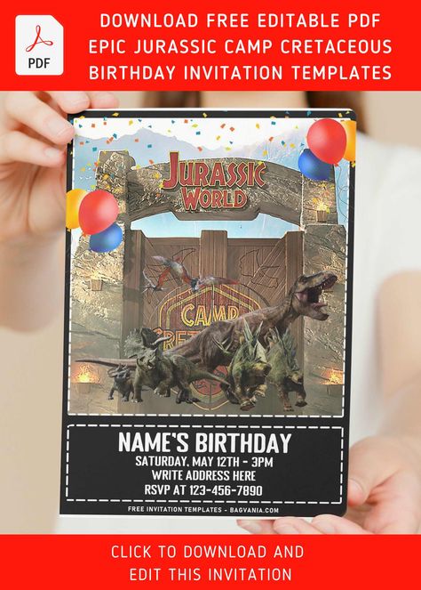 Download Now (Free Editable PDF) Fun-Tastic Jurassic Park Cretaceous Birthday Invitation Templates #free #freeinvitation2019 #birthday #disney #invitations #invitationtemplates Jurassic Party Ideas, Jurassic World Birthday, Prehistoric Party, Dinosaur Themed Birthday Party, Free Printable Birthday Invitations, Party Stand, Disney Invitations, Birthday Disney, Free Invitation Templates