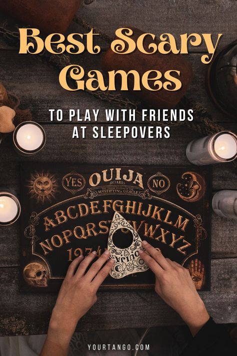 Best Scary Games To Play With Friends At Sleepovers | YourTango #halloween #horror Rituals To Do With Friends, Horror Movie Game Ideas, Teen Halloween Sleepover Ideas, Creepy Games To Play At A Sleepover, Scary Games To Play In The Dark, Games To Play On Halloween, Paranormal Games To Play With Friends, Horror Activities, Horror Games To Play With Friends In Real Life