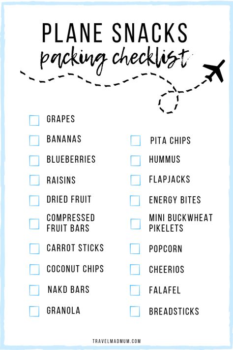 Flying with Kids Plane Snacks Free Printable Packing Checklist. Getting ready for flying with kids? Here's everything you need to be fully prepared for your family vacation including a printable plane snacks packing checklist! #travelmadmum #familytravel #flyingwithkids #travel #travelhack #printable Plane Snacks, Airplane Snacks, Travel Hacks Kids, Flying With A Toddler, Airplane Activities, Printable Packing List, Plane Food, Flying With Kids, Travel Snacks