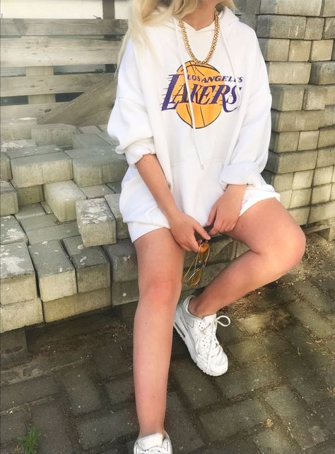 Lakers Hoodie, Hoodie Outfit, White Shorts, Graphic Sweatshirt, Womens Shorts, Sweatshirts, Hair, White, Quick Saves