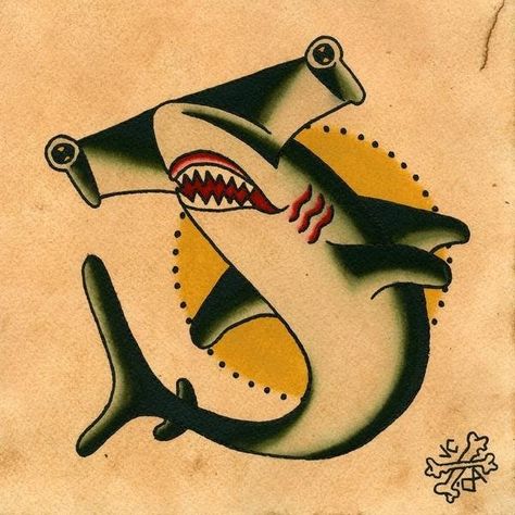 hammerhead shark painting American Traditional Hammerhead, Traditional Hammerhead Shark Tattoo, Traditional Shark Tattoo, Traditional Tattoo Flash Sheets, Sailor Jerry Tattoo Flash, Hammerhead Shark Tattoo, Shark Painting, Traditional Tattoo Old School, Sailor Tattoos