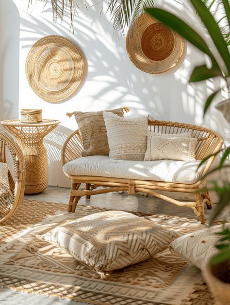 Boho Look on a Budget: Rustic-Inspired Decor Featuring Wood, Rattan, and Bamboo Rattan Living Room, Rattan Style, Boho Bedroom Design, Bamboo Decor, Wallpaper Walls Decor, Rug Inspiration, Ideas Casa, Curtains Living, Living Room Windows